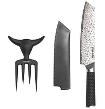Carica l'immagine nel visualizzatore di Gallery, SET "Wagyu" Black Pearls Coltello da Chef Damast & Bull Fork nera